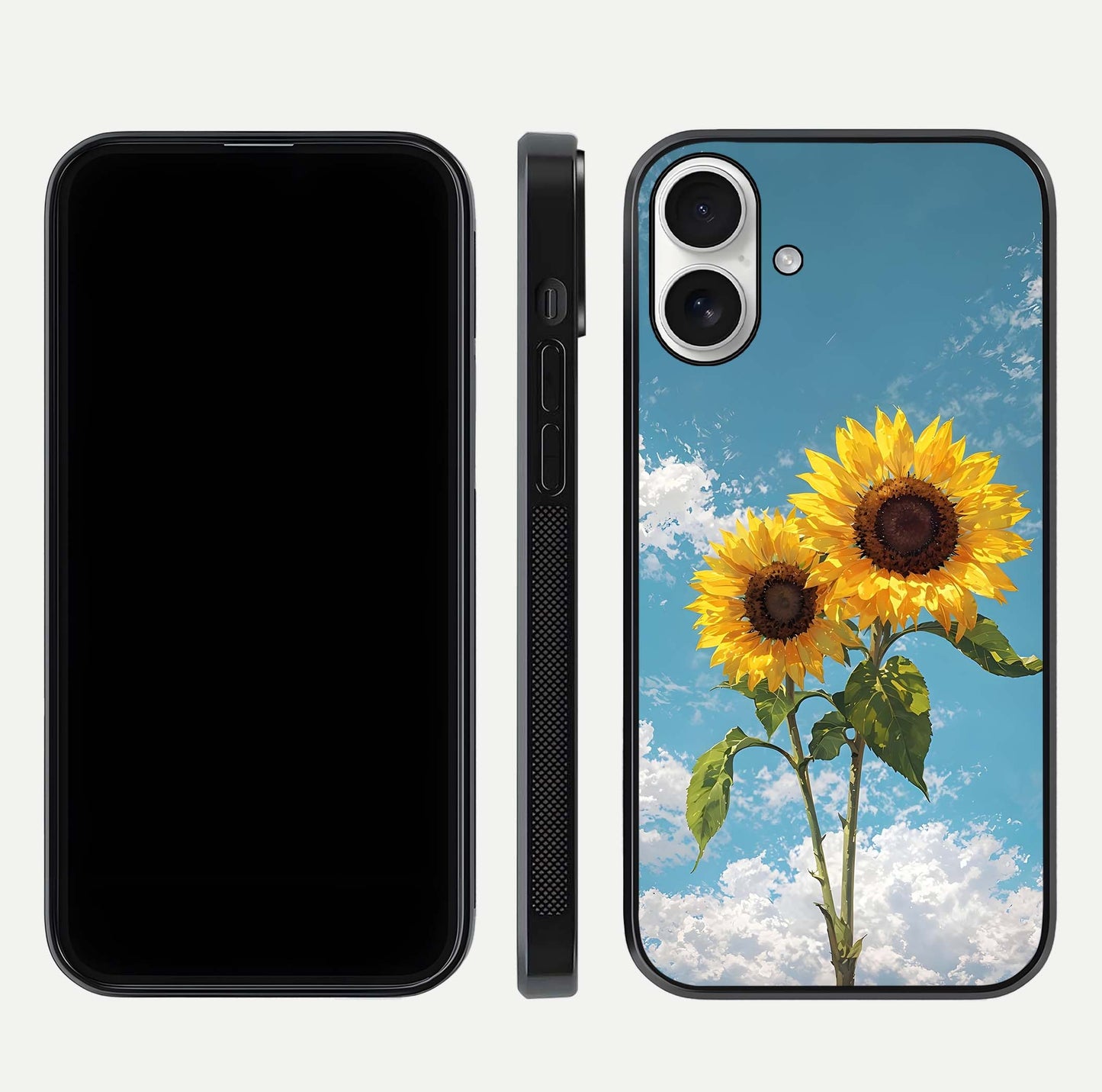 Sunflower Sky Bloom Glass Case for iPhone 17 front & back layout showing soft blue tones and flower contrast
