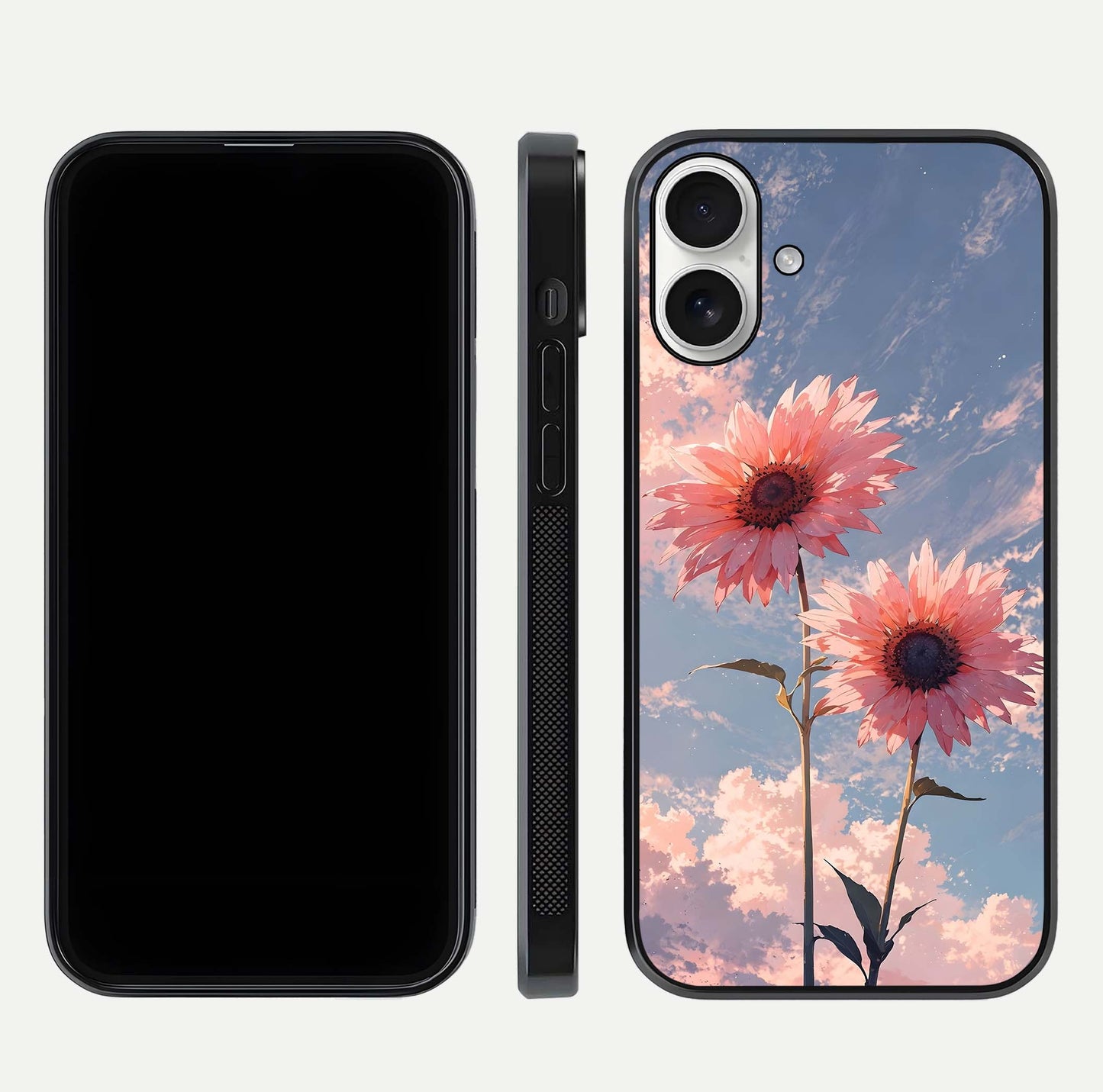 Sunlit Daisy Glow Glass Case for iPhone 17 front & back layout showing vibrant sunlight hues and clean edge