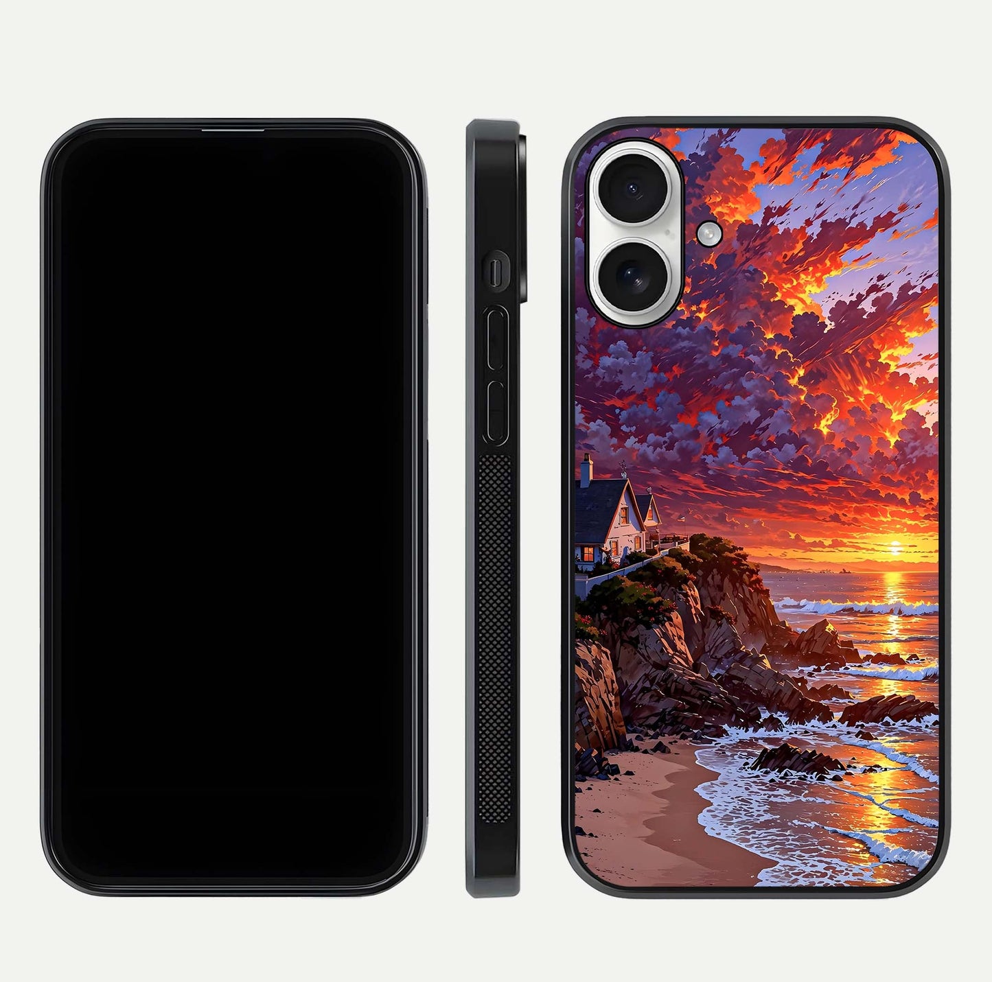 Sunset House by Sea Glass Case for iPhone 17 front & back layout showing scenic gradient and curved edge