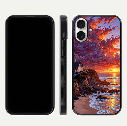Sunset House by Sea Glass Case for iPhone 17 front & back layout showing scenic gradient and curved edge