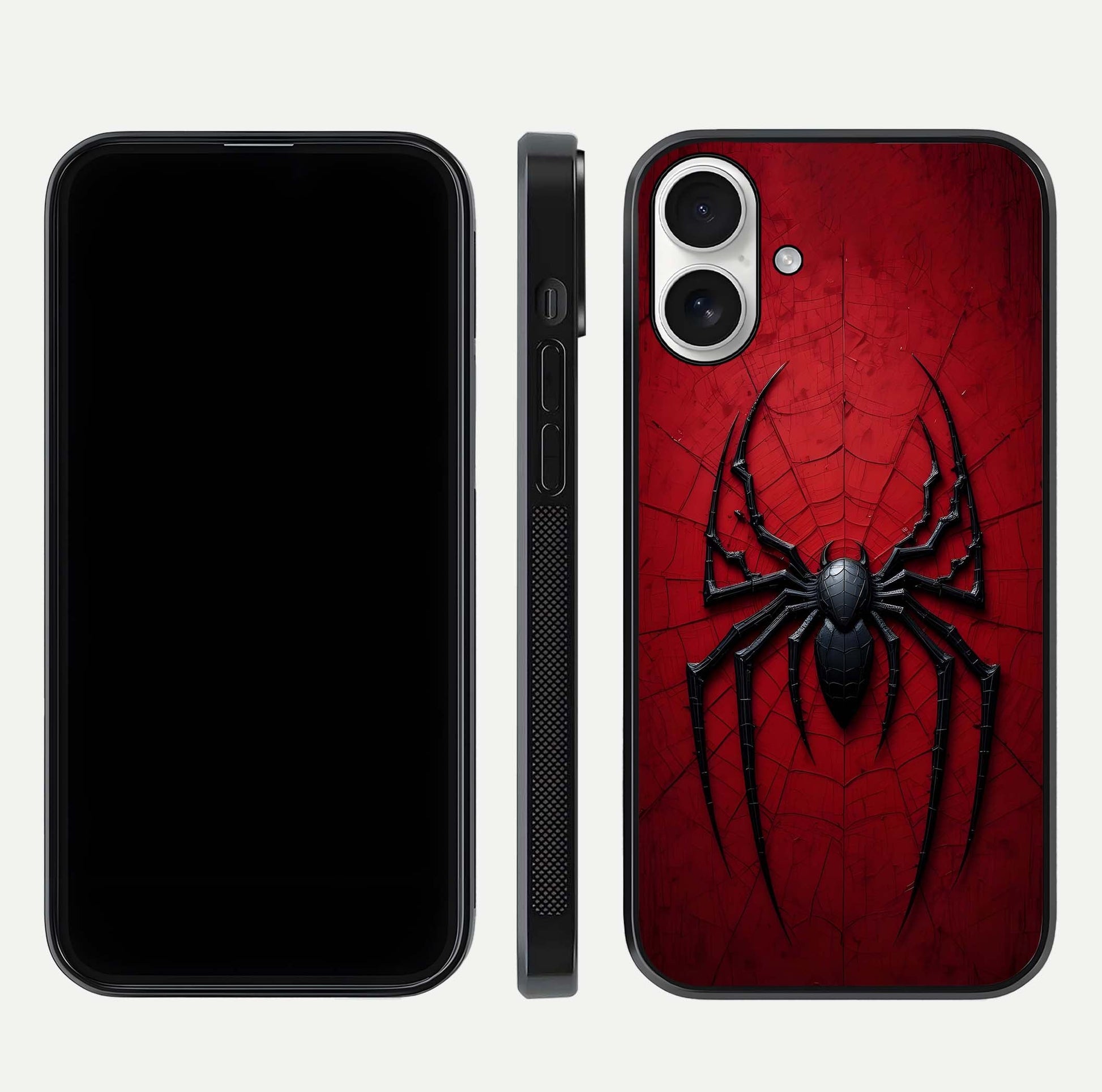 Venom Web Emblem Glass Case for iPhone 17 front & back layout showing contrast art and curved glass edges