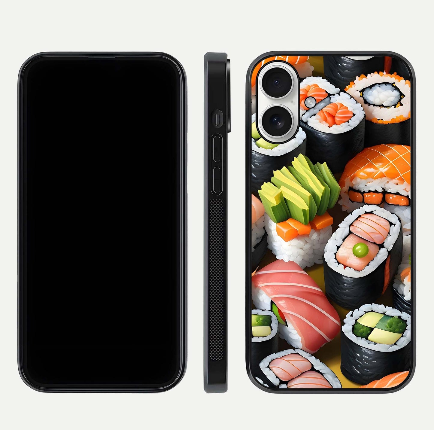 Sushi Food Pattern Glass Case for iPhone 17 front & back layout showing playful food theme and clear edges