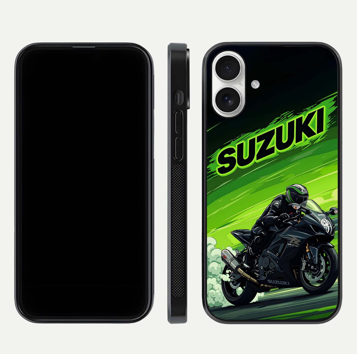 Suzuki Speed Beast Glass Case for iPhone 17 front & back layout showing motion blur and sleek edges