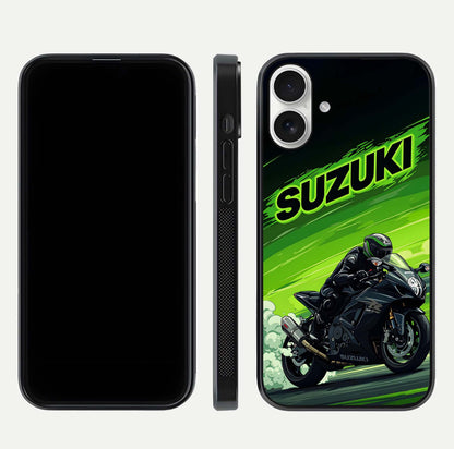 Suzuki Speed Beast Glass Case for iPhone 17 front & back layout showing motion blur and sleek edges