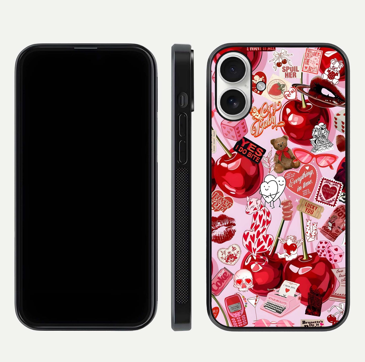 Sweet Cherry Chaos Glass Case for iPhone 17 front & back layout showing vibrant cherries and smooth edges