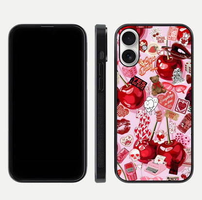 Sweet Cherry Chaos Glass Case for iPhone 17 front & back layout showing vibrant cherries and smooth edges