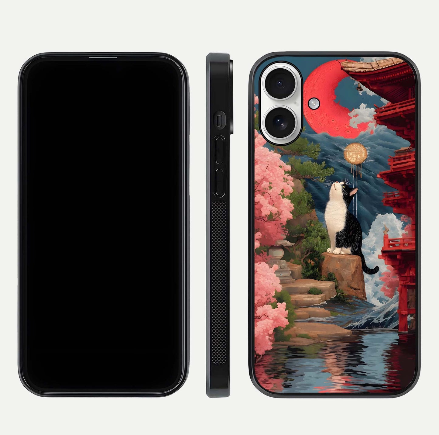 Temple Cat Scenery Glass Case for iPhone 17 front & back layout showing scenic print and edge design