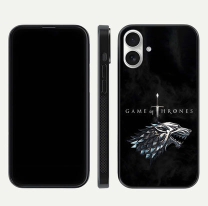 Throne Wolf Legacy Glass Case for iPhone 17 front & back layout showing bold pattern and sharp edge
