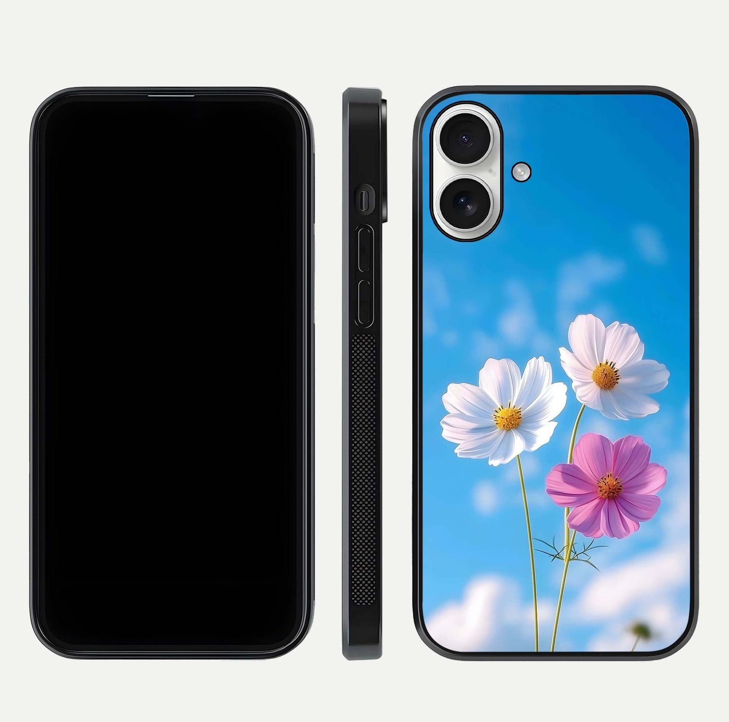 Triple Flowers With Sky Glass Case for iPhone 17 front & back layout showing vivid tones and glossy surface