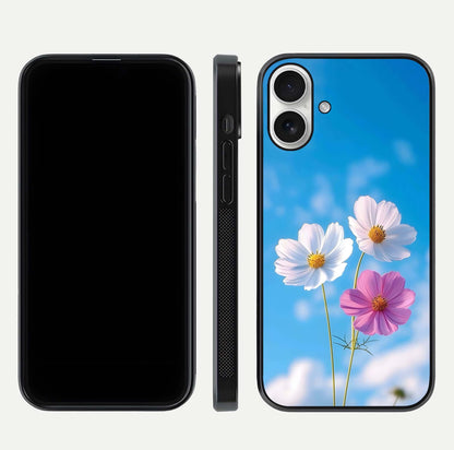 Triple Flowers With Sky Glass Case for iPhone 17 front & back layout showing vivid tones and glossy surface