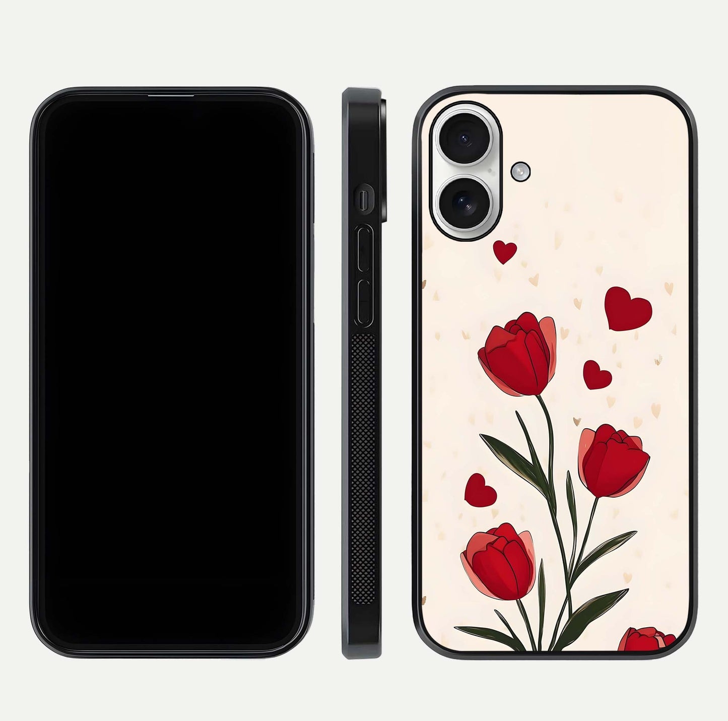 Tulip With Heart Glass Case for iPhone 17 front & back layout showing heart motif and elegant gloss finish