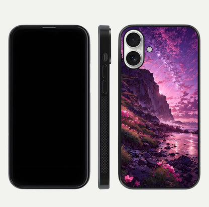 Twilight Blossom Coast Glass Case for iPhone 17 front & back layout showing floral tones and curved edge