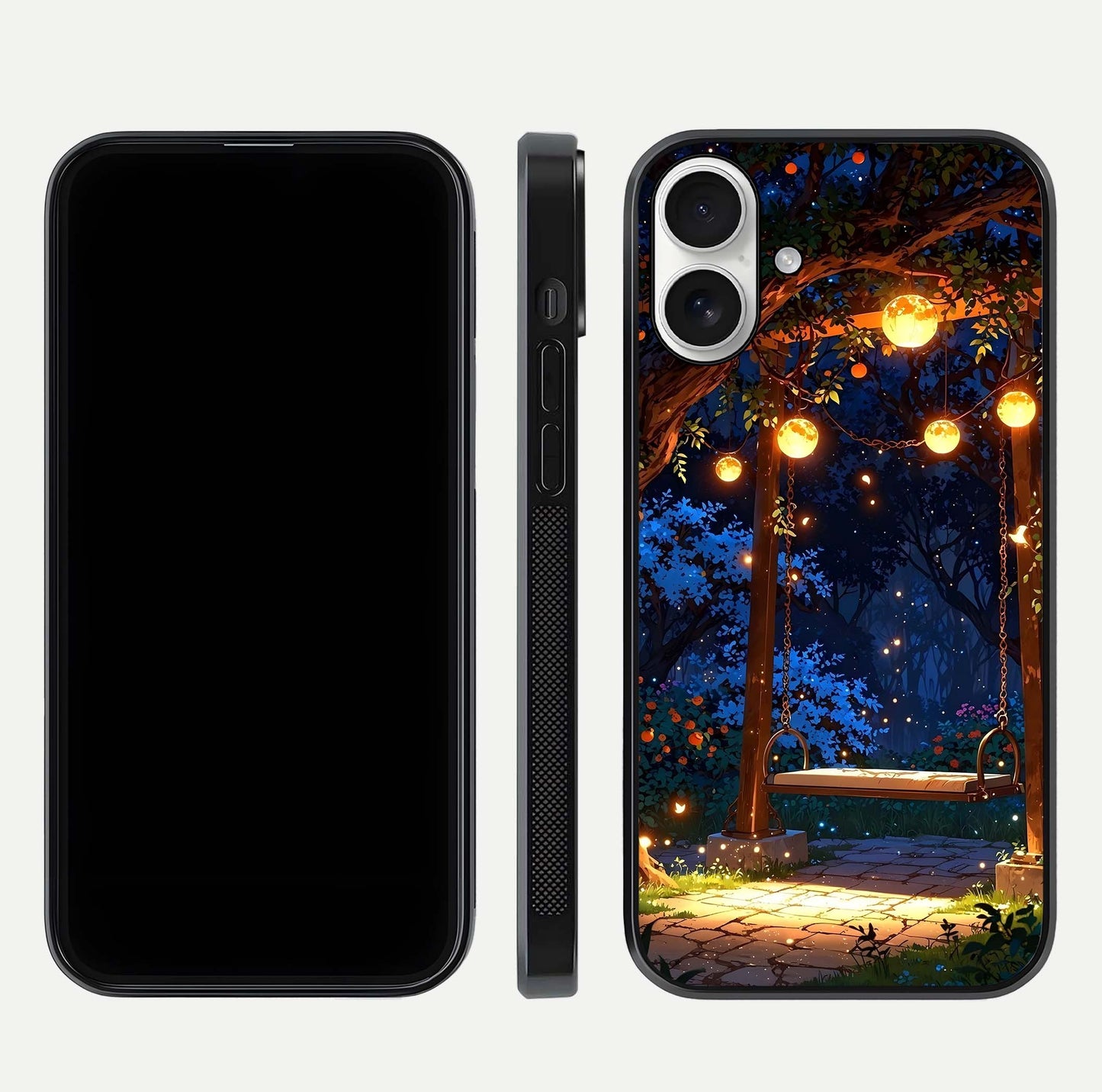 Twilight Garden Swing Glass Case for iPhone 17 front & back layout showing garden art and clean edge