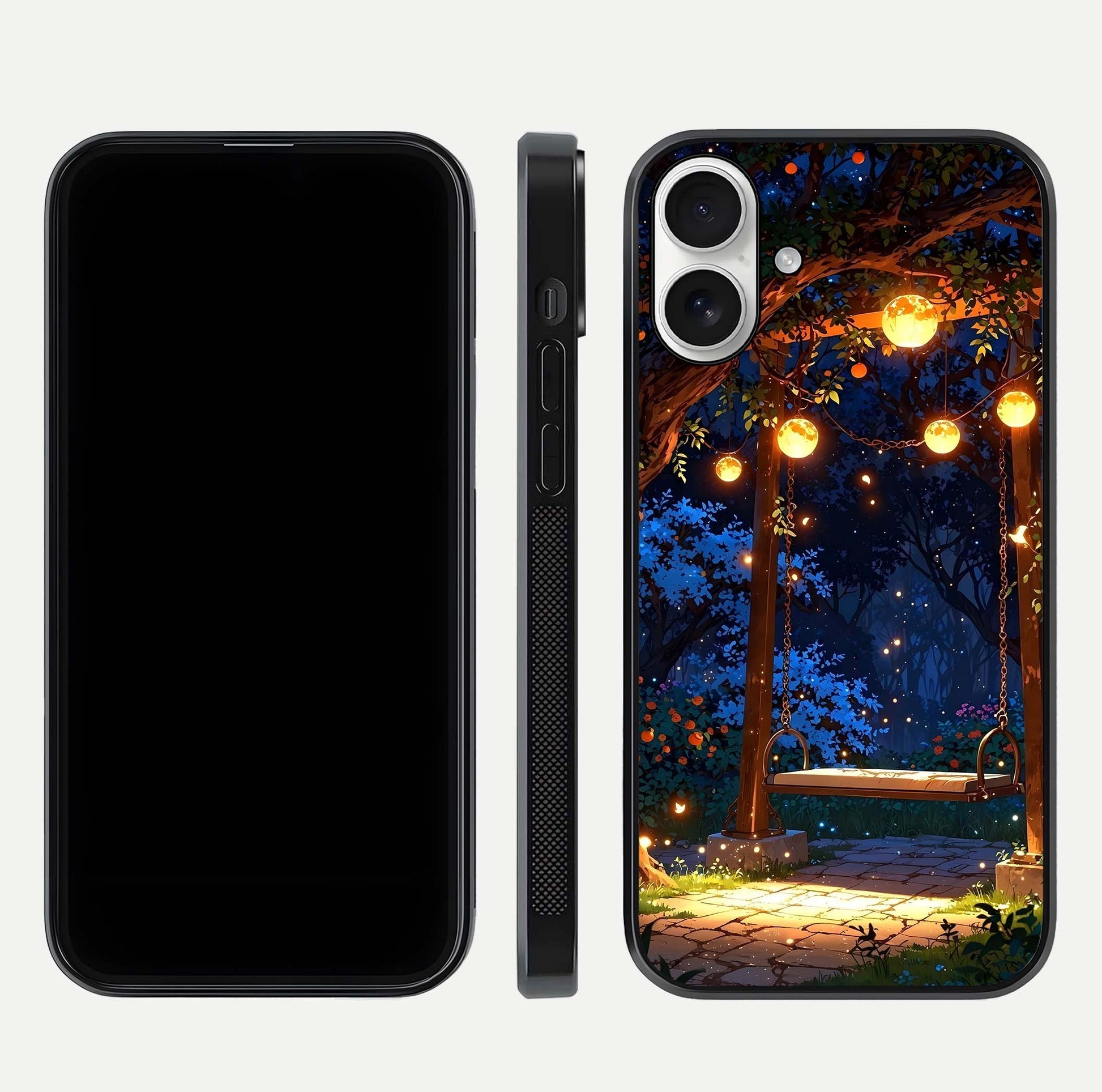 Twilight Garden Swing Glass Case for iPhone 17 front & back layout showing garden art and clean edge