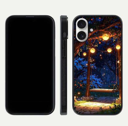 Twilight Garden Swing Glass Case for iPhone 17 front & back layout showing garden art and clean edge