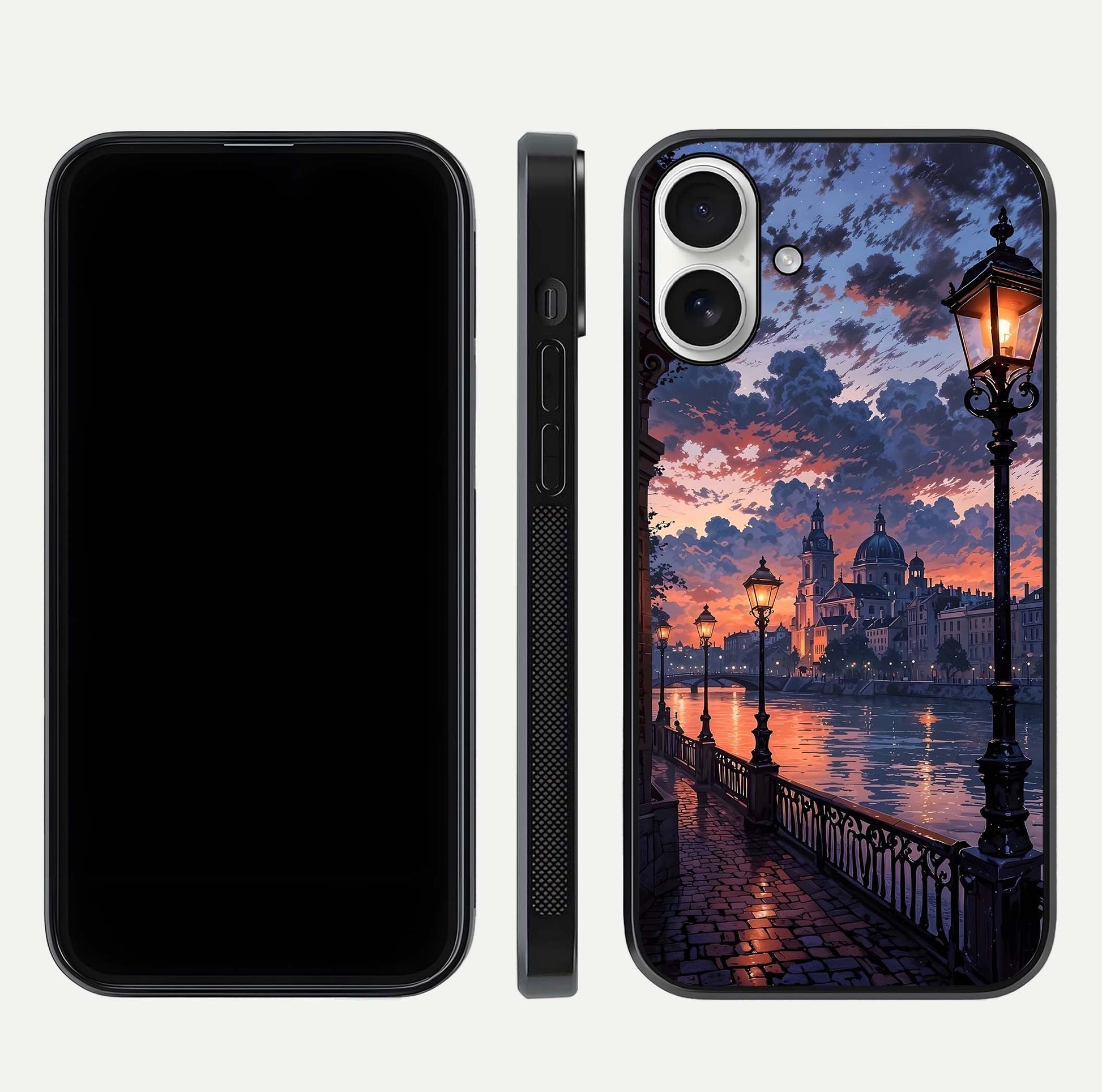 Twilight River Lights Glass Case for iPhone 17 front & back layout showing scenic artwork and smooth curved edges