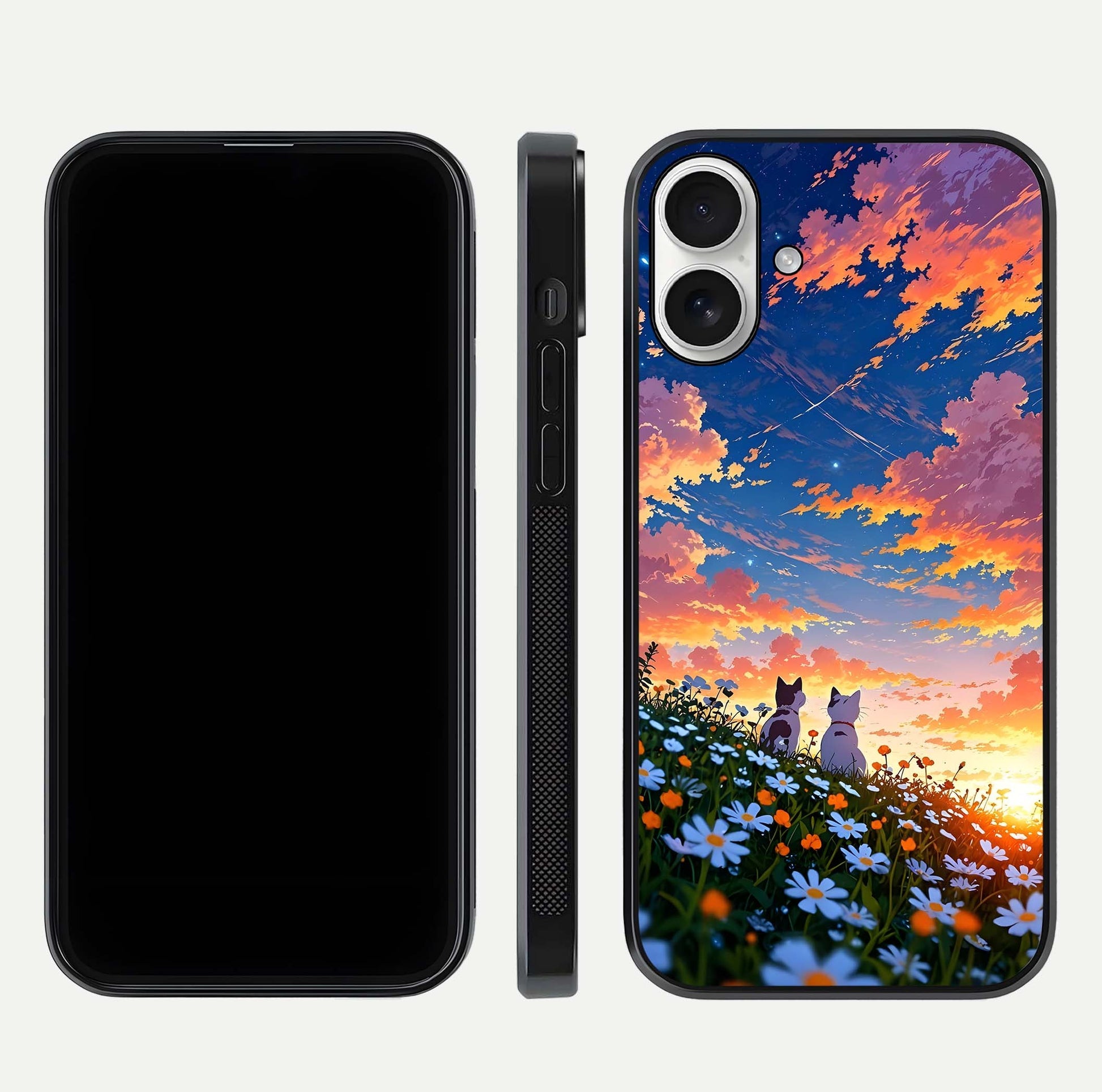 Two Cats Friends Glass Case for iPhone 17 front & back layout showing friendly cat theme and edge design