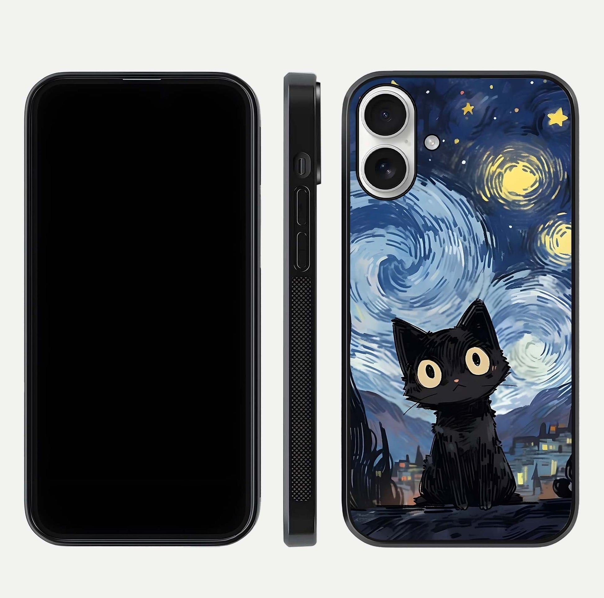 Van Gogh Cat Glass Case for iPhone 17 front & back layout showing detailed art print and curved glass edges