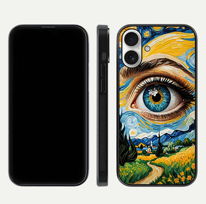 Van Gogh Eye Glass Case for iPhone 17 front & back layout showing brushstroke detail and smooth finish