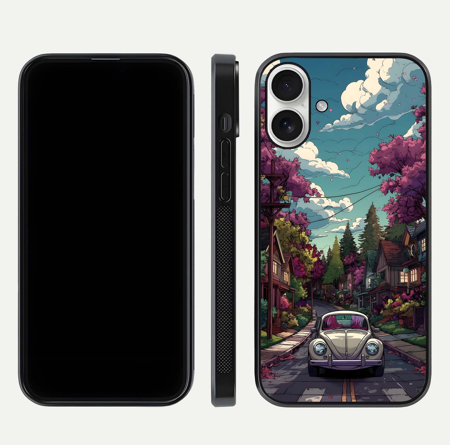 Vintage Street Drive Glass Case for iPhone 17 front & back layout showing retro street scene and edges