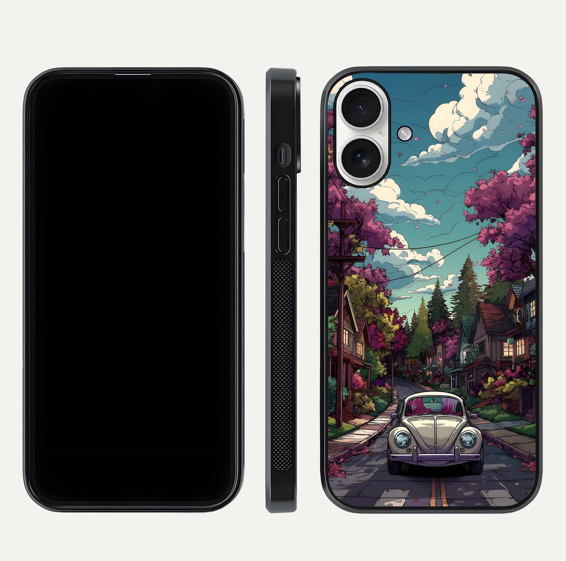 Vintage Street Drive Glass Case for iPhone 17 front & back layout showing retro street scene and edges