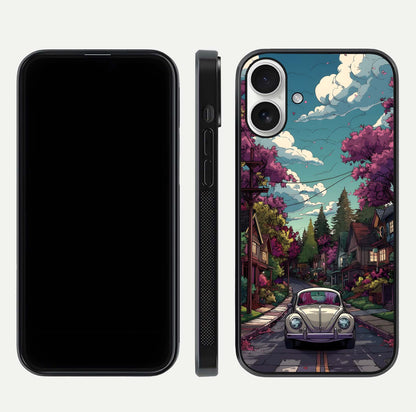 Vintage Street Drive Glass Case for iPhone 17 front & back layout showing retro street scene and edges