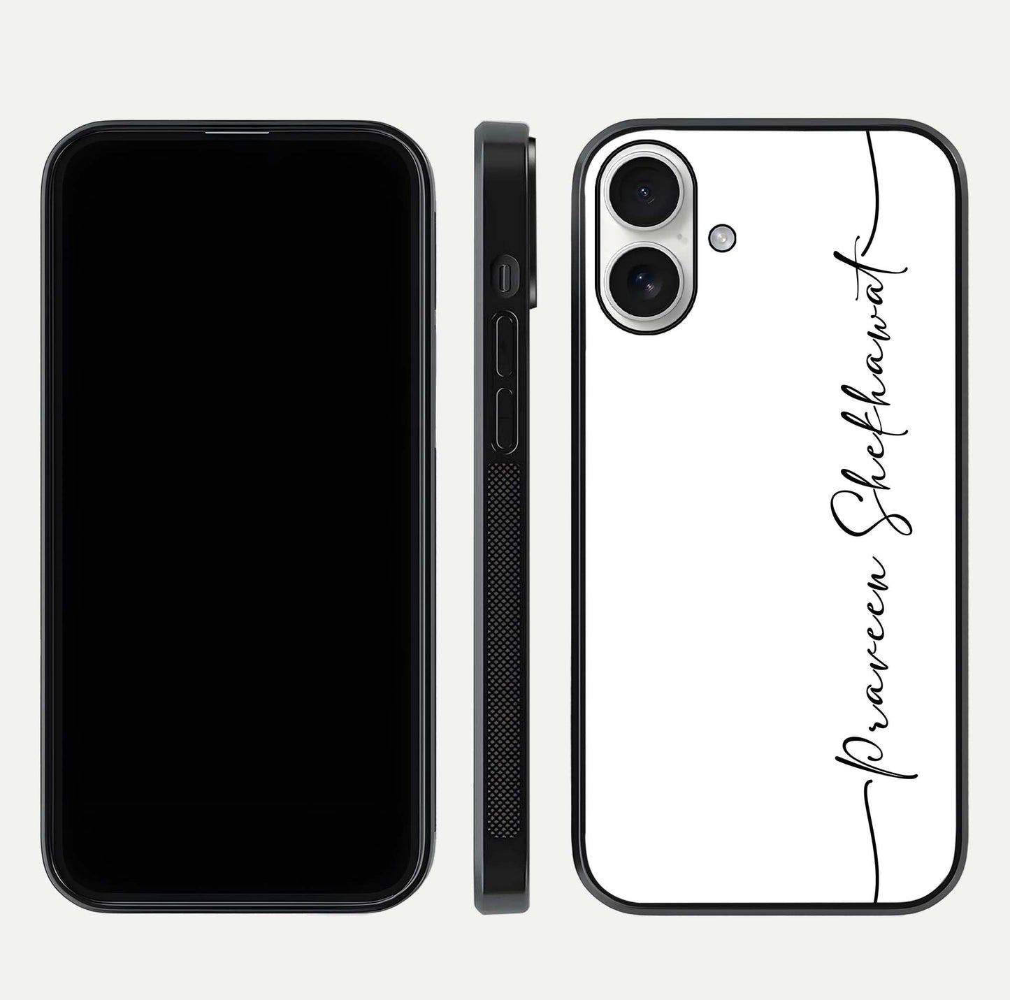 White Tune Custom Name Glass Case for iPhone 17 front & back layout showing clean design and text placement