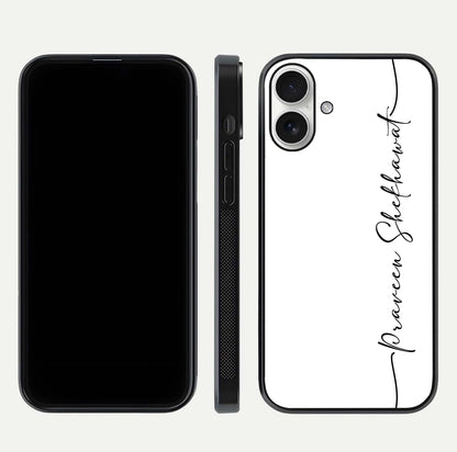 White Tune Custom Name Glass Case for iPhone 17 front & back layout showing clean design and text placement