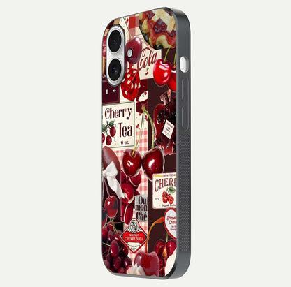 Aesthetic Cherry Tea Glass Case for iPhone 17 side-angle image showing cherry collage print, camera module, and glossy finish reflection