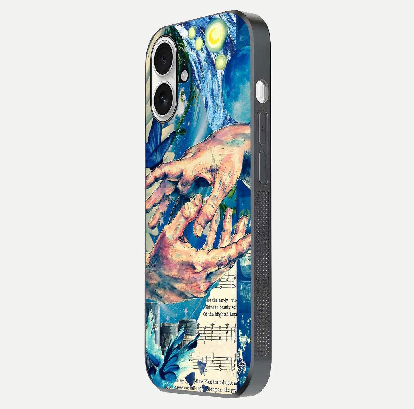 Aesthetic Divider Glass Case for iPhone 17 side-angle image showing divider pattern print, camera module, and glossy finish reflection