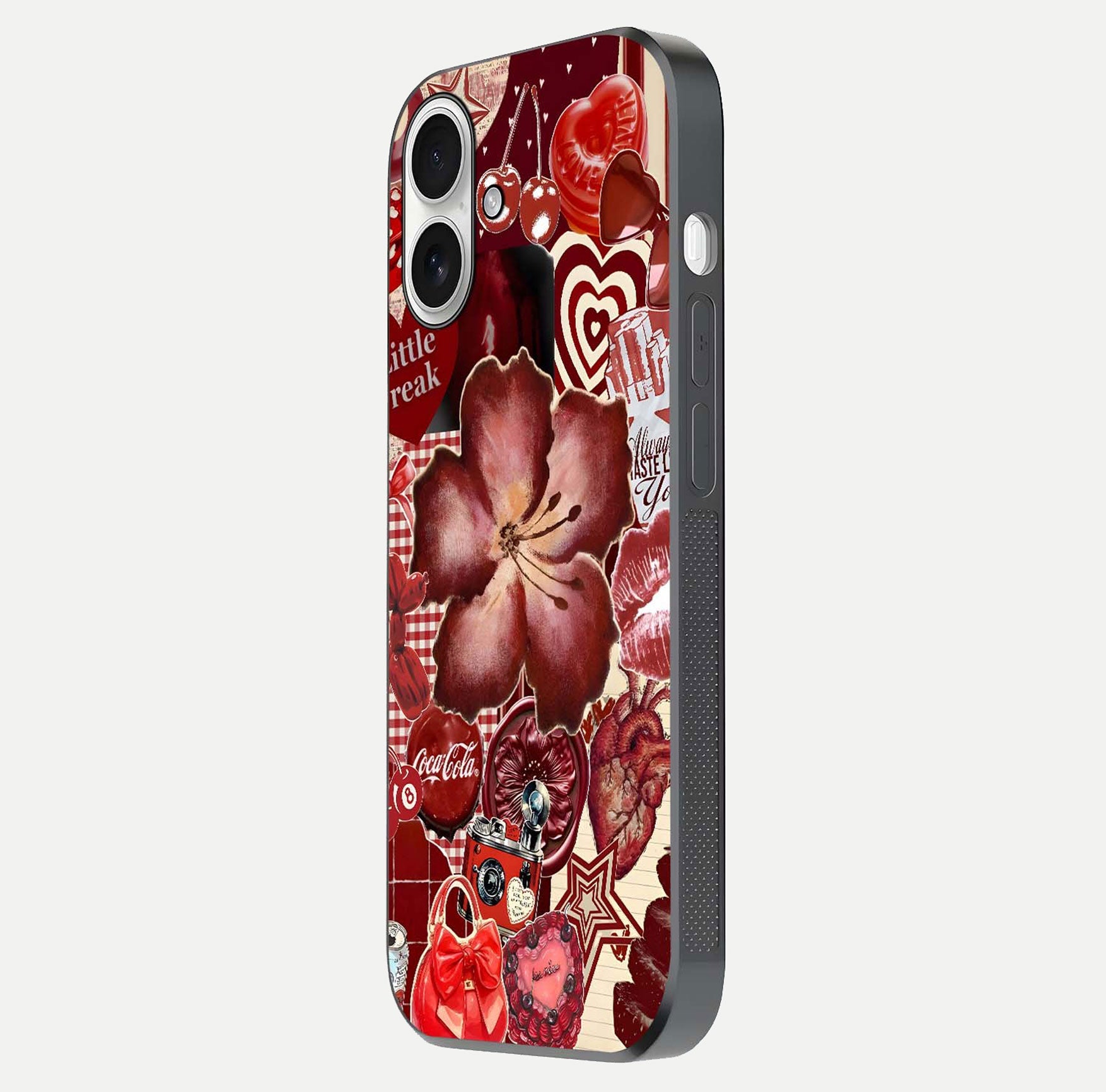 Aesthetic Little Freak Glass Case for iPhone 17 side-angle image showing colorful design, camera module, and glossy finish reflection