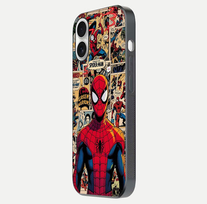 Aesthetic Spider Man Glass Case for iPhone 17 side-angle image showing superhero comic print, camera module, and glossy finish reflection