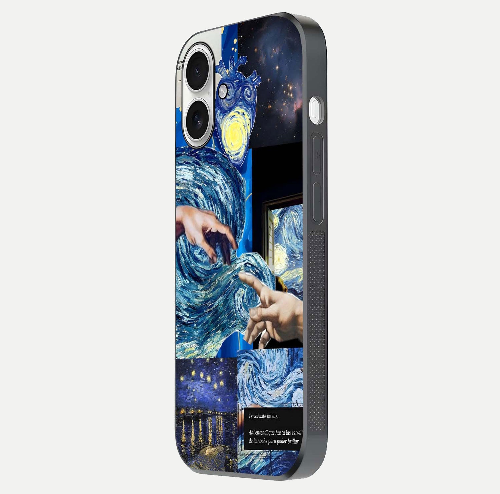 Aesthetic Vando Hands Glass Case for iPhone 17 side-angle image showcasing hand design, protective edges, and gloss texture