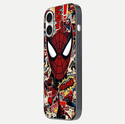 Aesthetic Wonder Spider Glass Case for iPhone 17 side-angle shot showing red-blue tones and durable protective frame