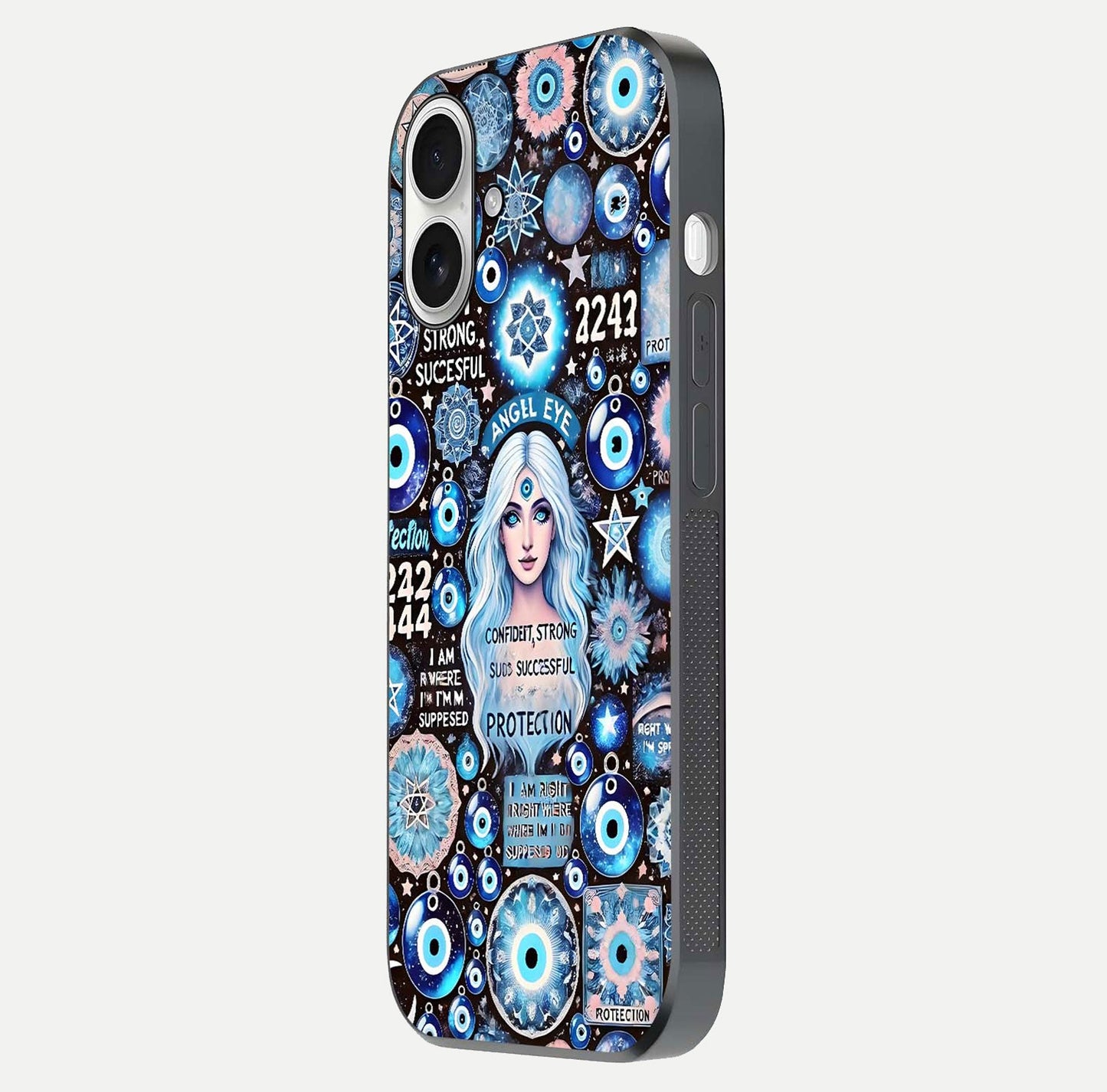 Angel Aura Shield Glass Case for iPhone 17 side-angle photo showcasing aura details and glossy surface reflection