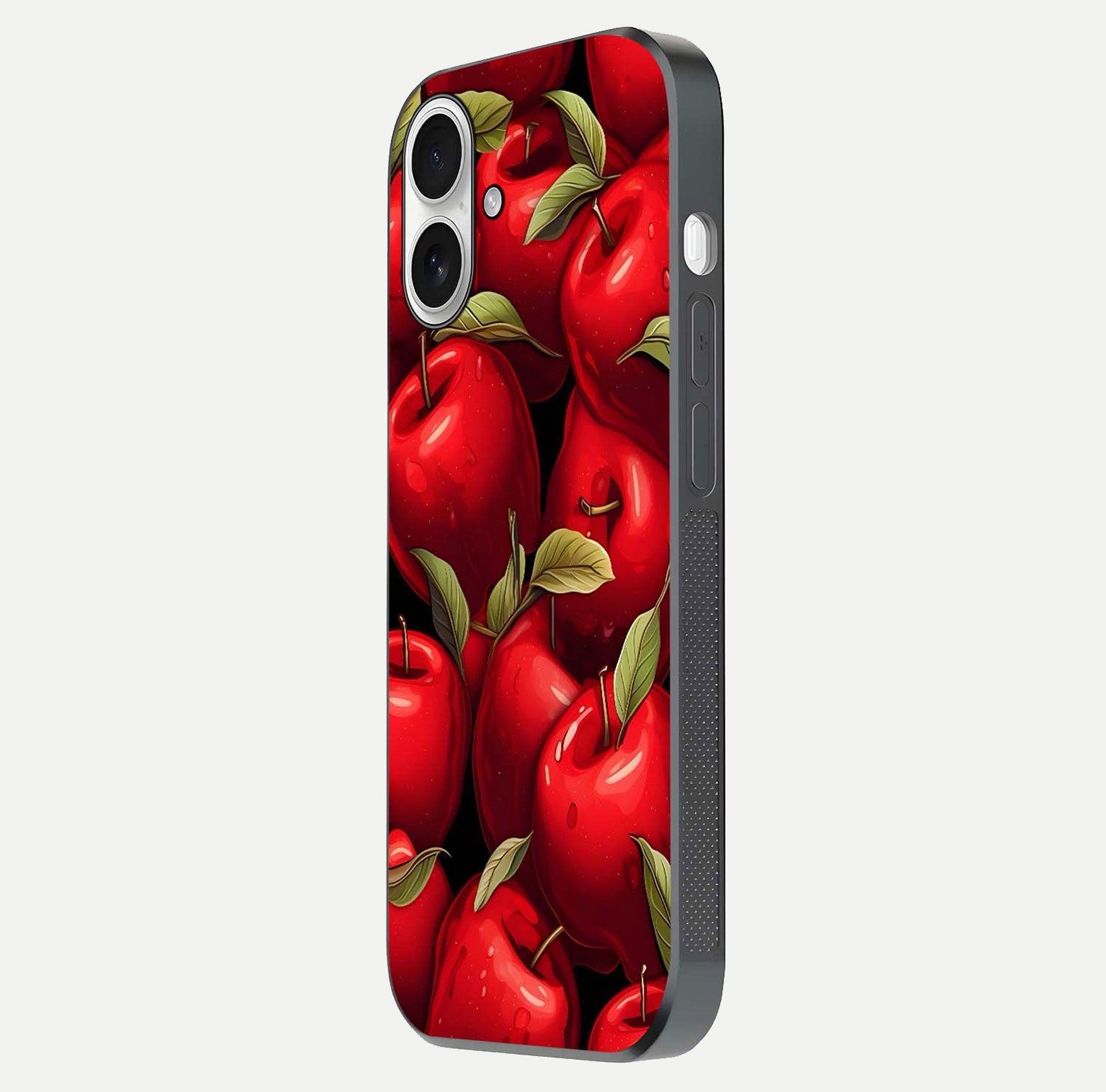 Apple Pattern Glass Case for iPhone 17 side-angle image showcasing minimalist apple print and gloss reflection