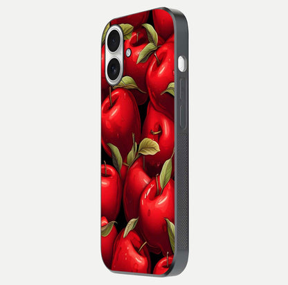 Apple Pattern Glass Case for iPhone 17 side-angle image showcasing minimalist apple print and gloss reflection