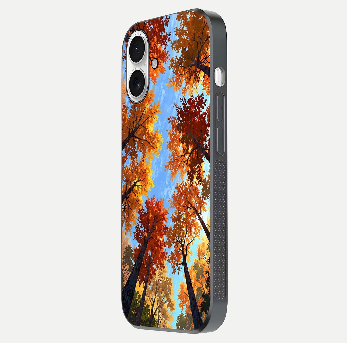 Autumn Sky Rise Glass Case for iPhone 17 side-angle showing autumn art tones and protective corners