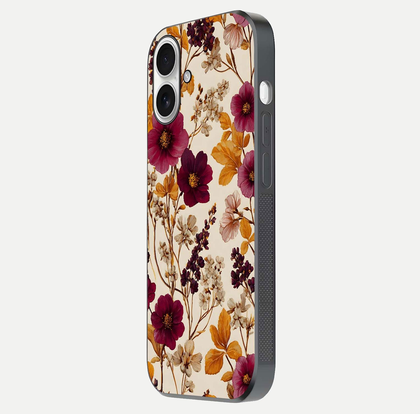 Autumn Wine Bloom Glass Case for iPhone 17 side-angle showcasing floral design, texture gloss, and camera frame