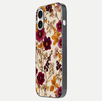 Autumn Wine Bloom Glass Case for iPhone 17 side-angle showcasing floral design, texture gloss, and camera frame