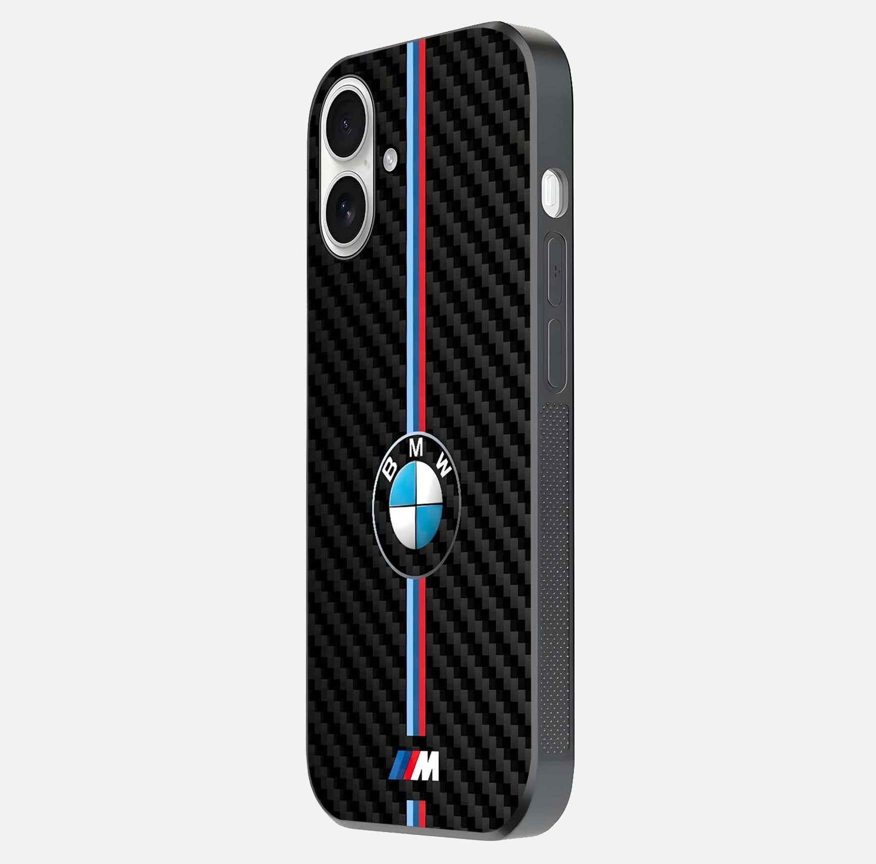 BMW Pattern Glass Case for iPhone 17 side-angle image showing edge finish and luxury car-inspired shine