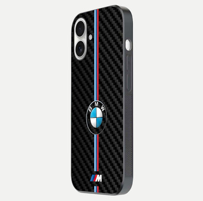 BMW Pattern Glass Case for iPhone 17 side-angle image showing edge finish and luxury car-inspired shine