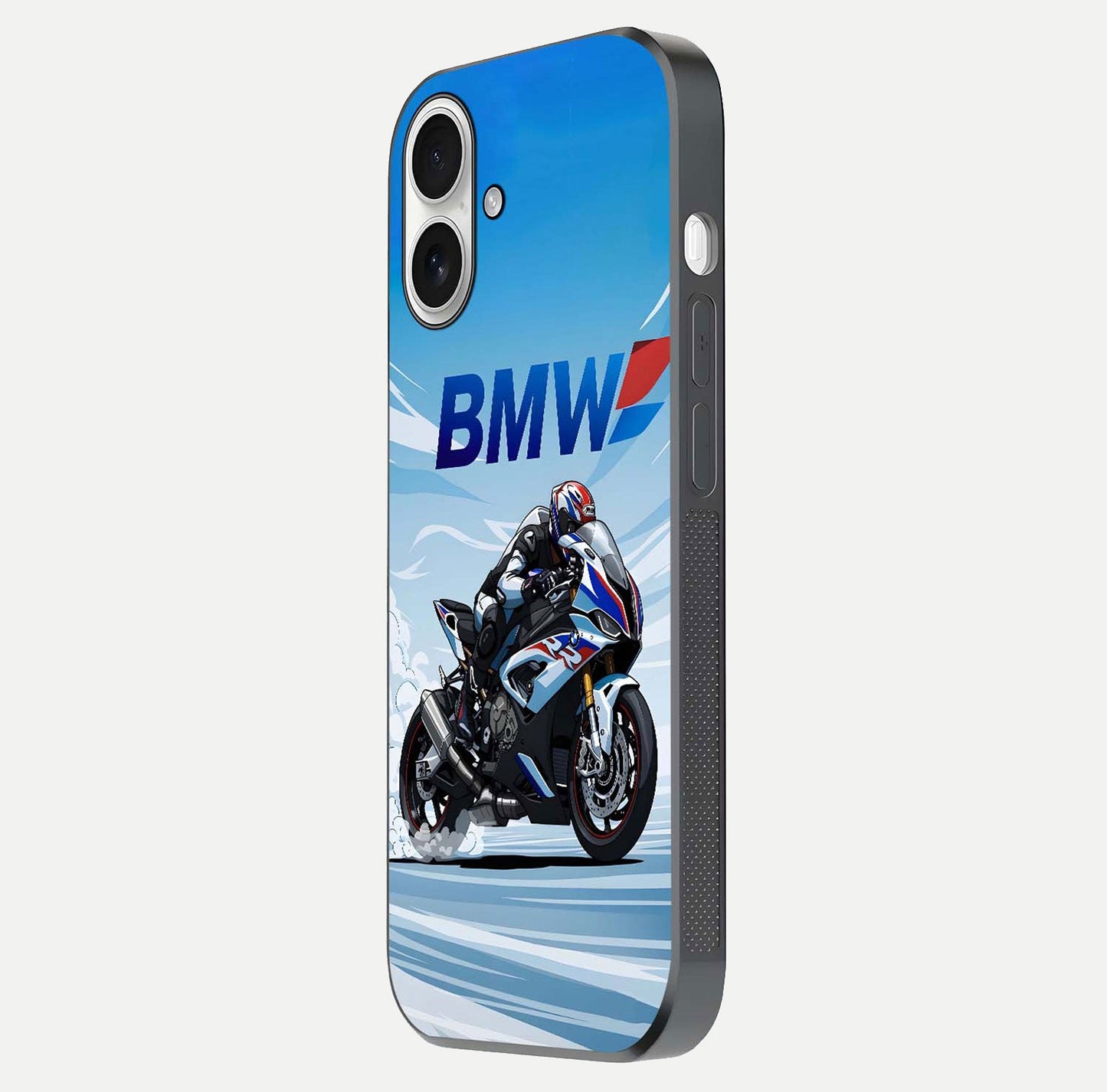 BMW Power Drift Glass Case for iPhone 17 side-angle image emphasizing smooth finish and detailed design