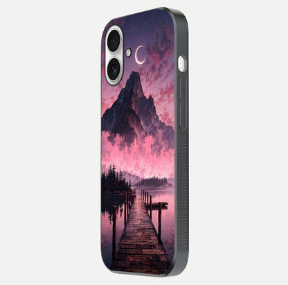 Beautyful Mountain View Glass Case for iPhone 17 side-angle image displaying mountain artwork and gloss surface