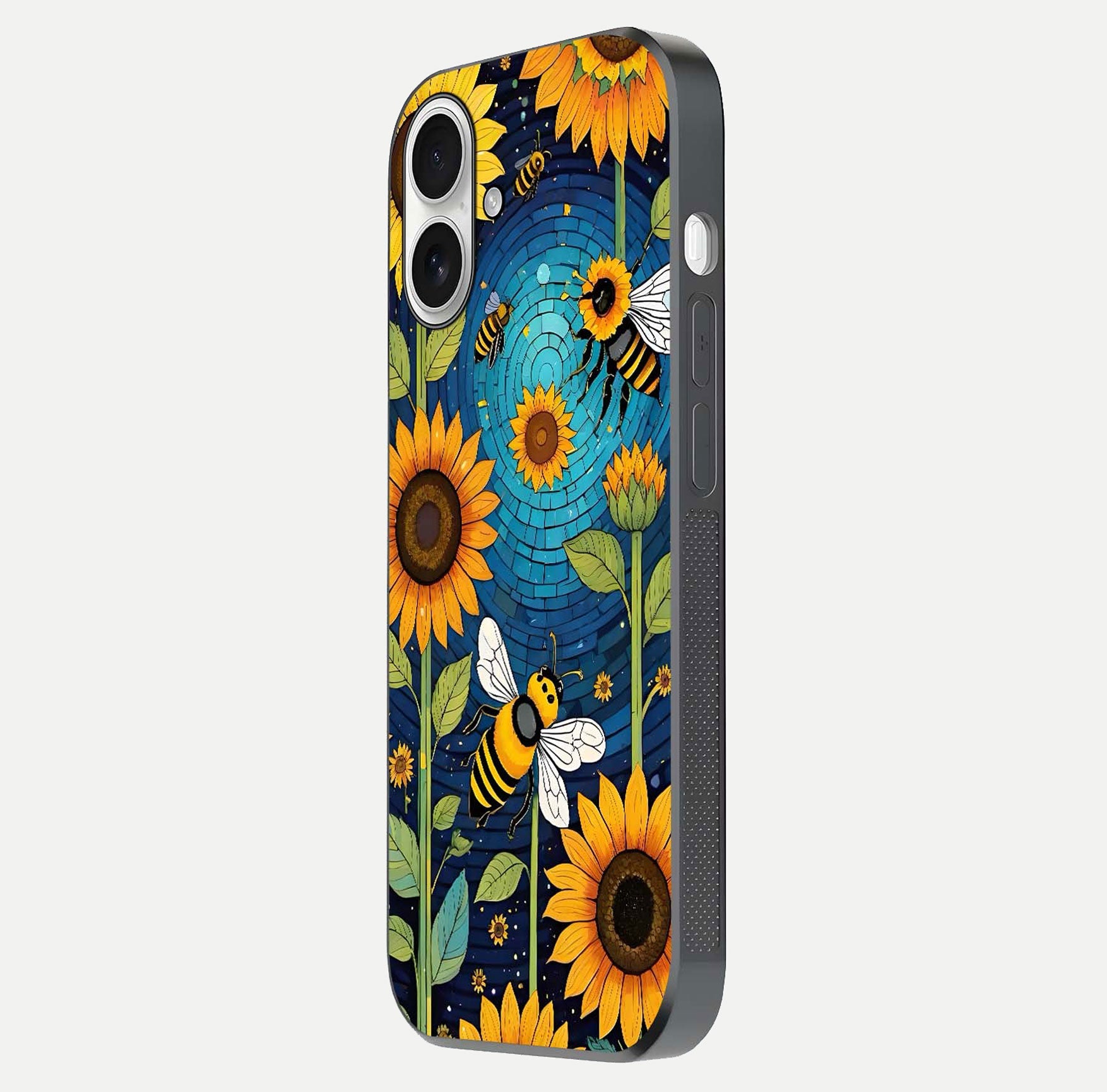 Bees & Sunflowers Glass Case for iPhone 17 side-angle image showing bee pattern alignment and shiny protective surface