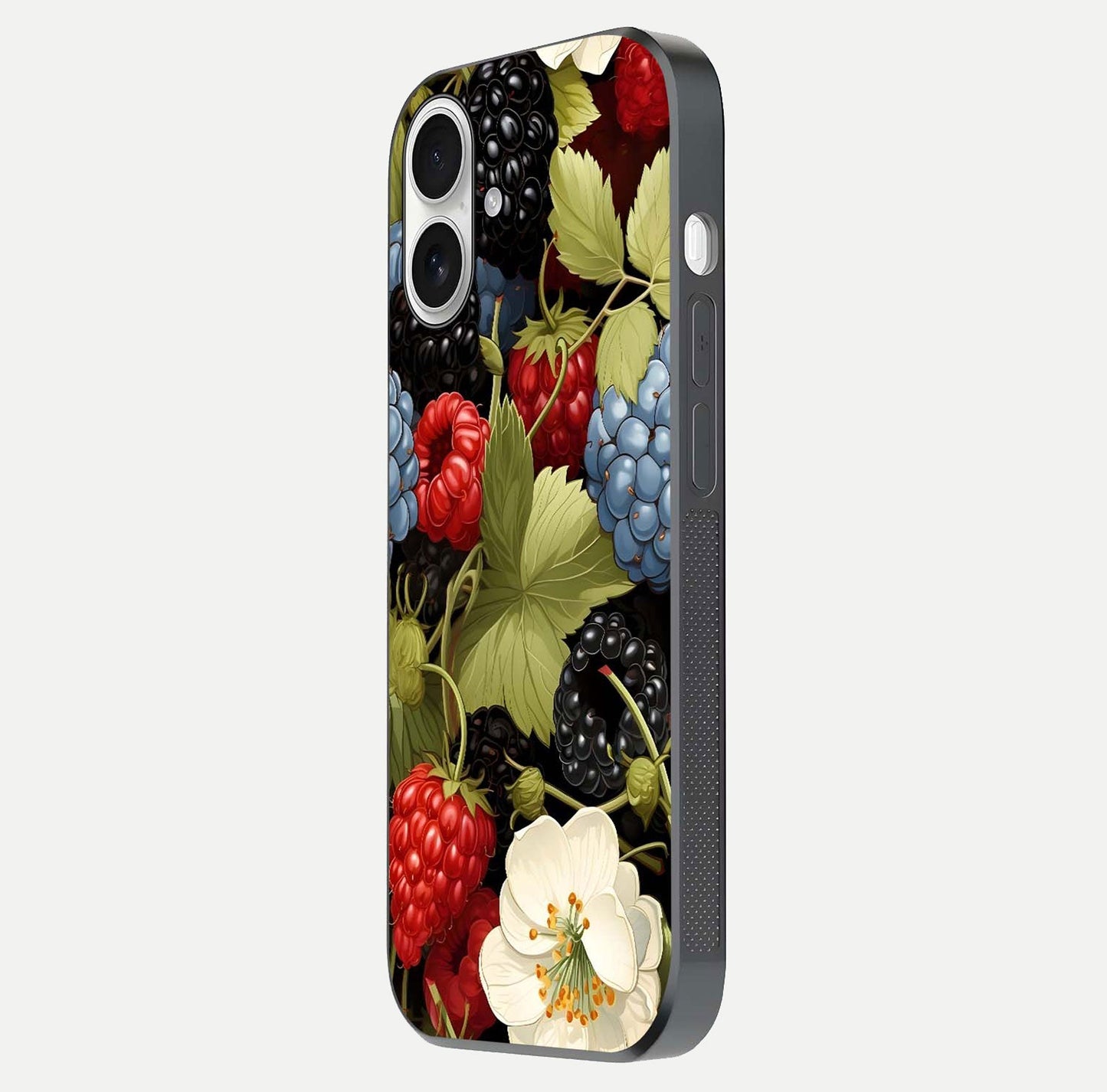 Berry Bloom Charm Glass Case for iPhone 17 side-angle image showing floral texture and high-definition print gloss