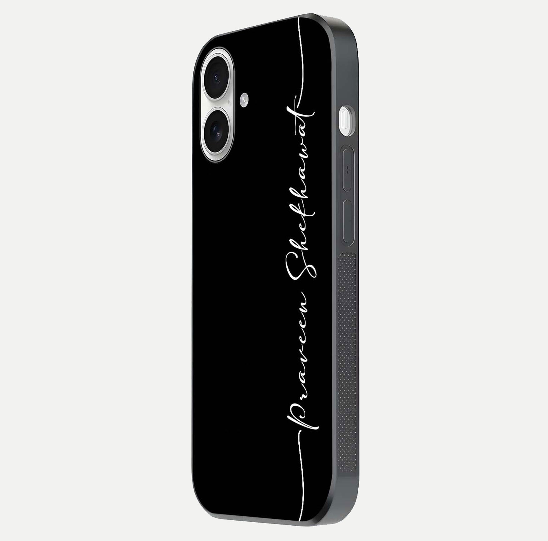 Black Tune Custom Name Glass Case for iPhone 17 side-angle photo showing mirror-like surface and slim profile