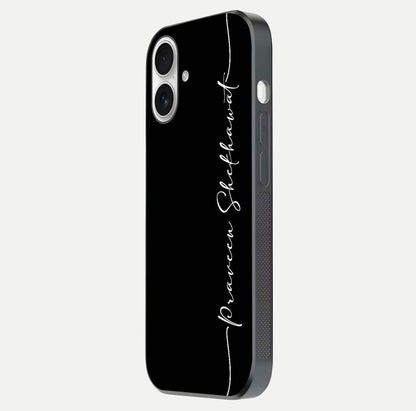 Black Tune Custom Name Glass Case for iPhone 17 side-angle photo showing mirror-like surface and slim profile