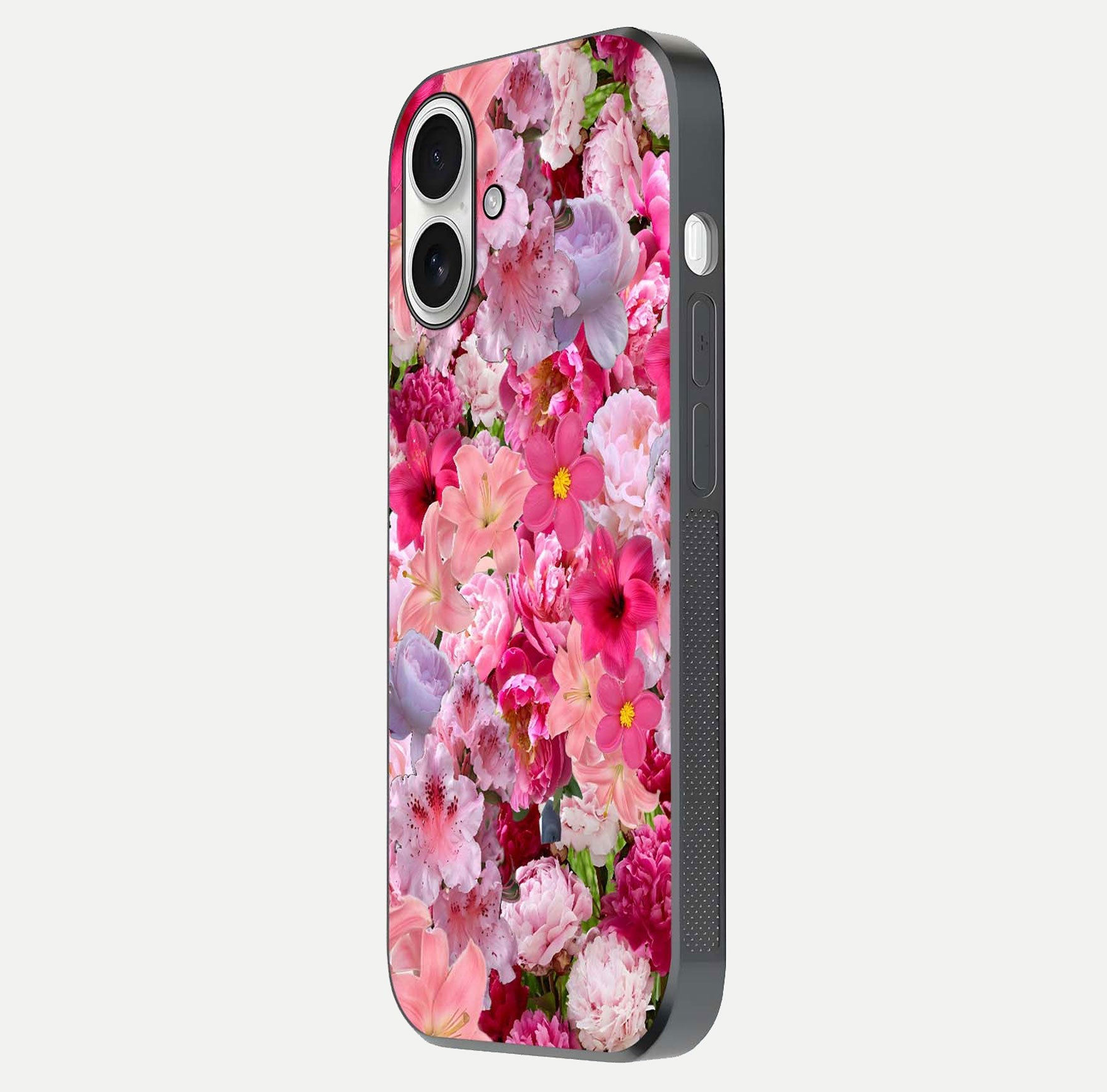 Bloom Crush Fantasy Glass Case for iPhone 17 side-angle shot with fantasy bloom art and gloss surface