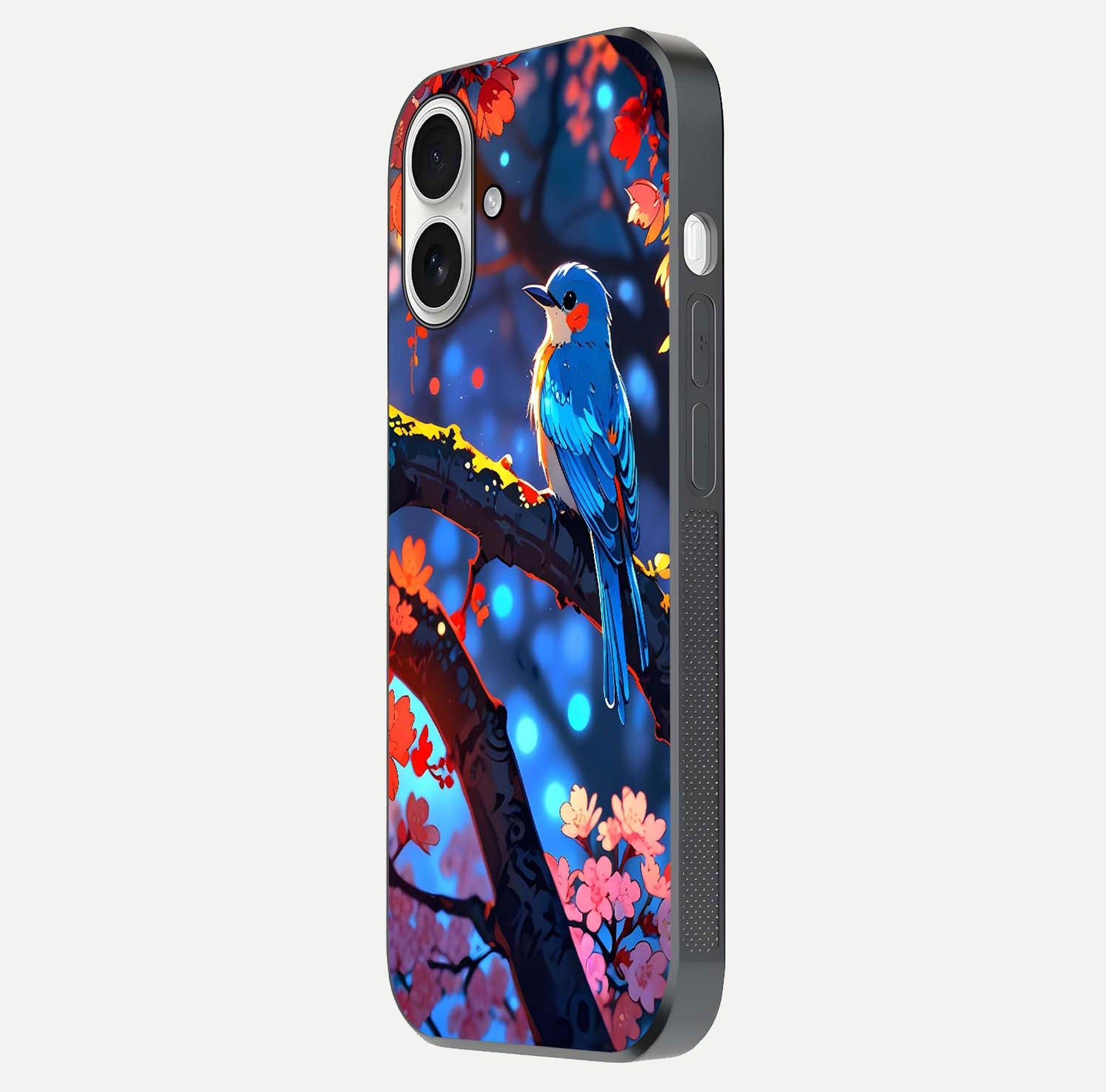 Blooming Spendor Bird Glass Case for iPhone 17 side-angle photo showing floral wings and reflection finish